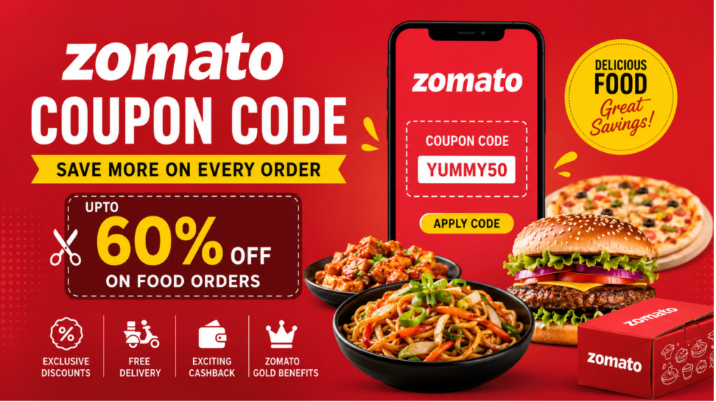 Zomato coupon code banner featuring food delivery discounts, cashback offers, free delivery benefits, and online food ordering savings.