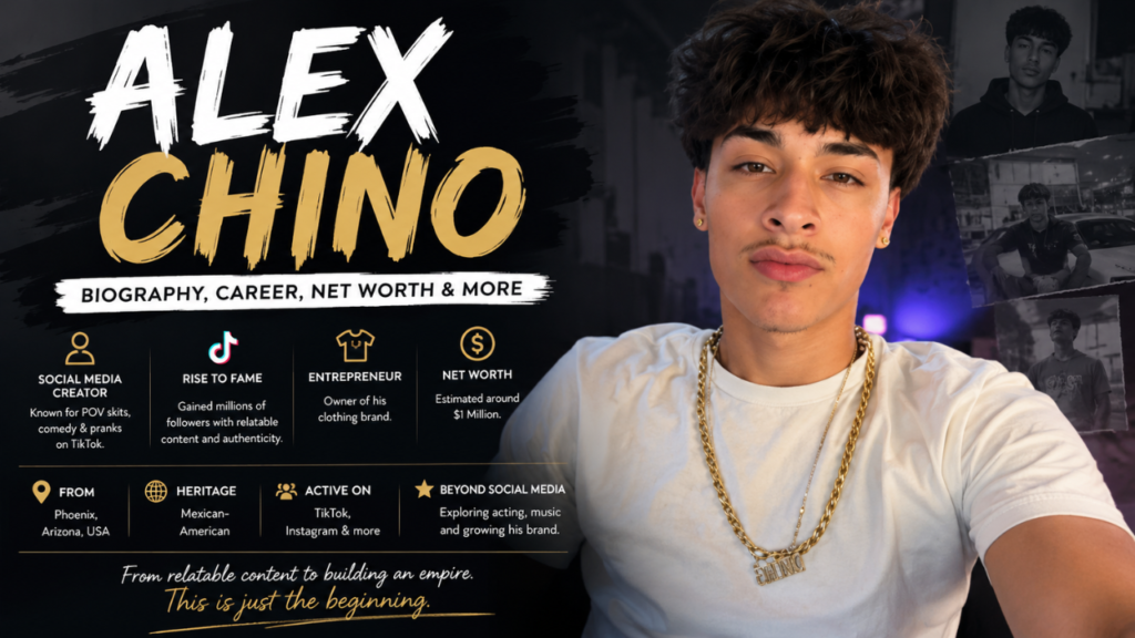 Alex Chino biography feature image highlighting his career, net worth, social media journey, and rise as a popular TikTok content creator.