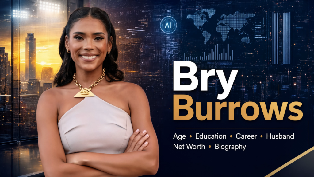 Bry Burrows portrait highlighting her age, education, career, husband, net worth, and biography, set against a modern AI and business-themed background.