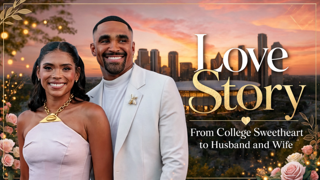 Bry Burrows and Jalen Hurts together in a romantic feature image highlighting their love story, from college sweethearts at the University of Alabama to husband and wife.
