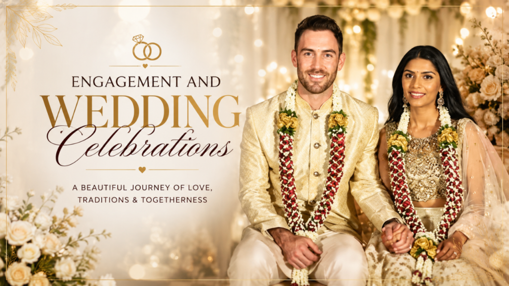 Glenn Maxwell and Vini Raman during their engagement and wedding celebrations in traditional attire, featured in a wedding-themed banner.