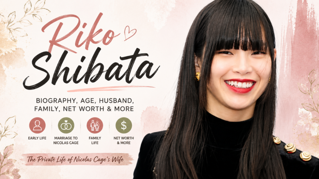 Riko Shibata biography feature image with a modern pastel background, stylish typography, and highlights of her age, husband Nicolas Cage, family life, and net worth.