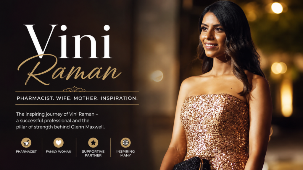 Vini Raman in a sparkling gold gown featured in a biography cover image highlighting her career, family life, and relationship with Glenn Maxwell.